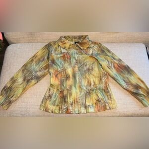 Abbie Mags Abstract Watercolor Jacket Coat Sz L Cinch Waist Light Raincoat Style